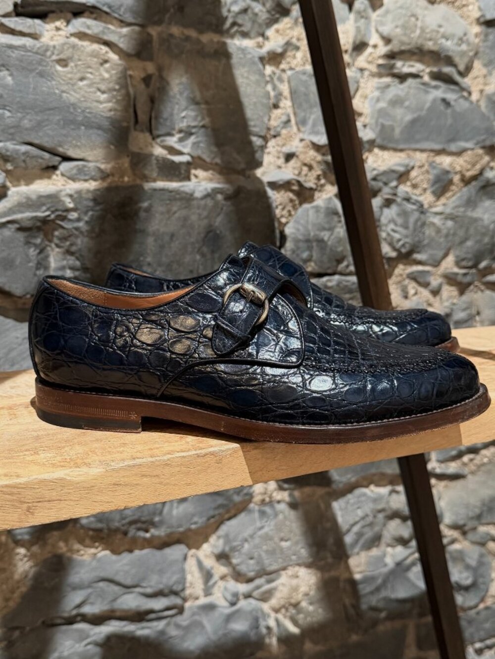 Gucci Navy Blue Crocodile Monk Strap Brogue Shoes